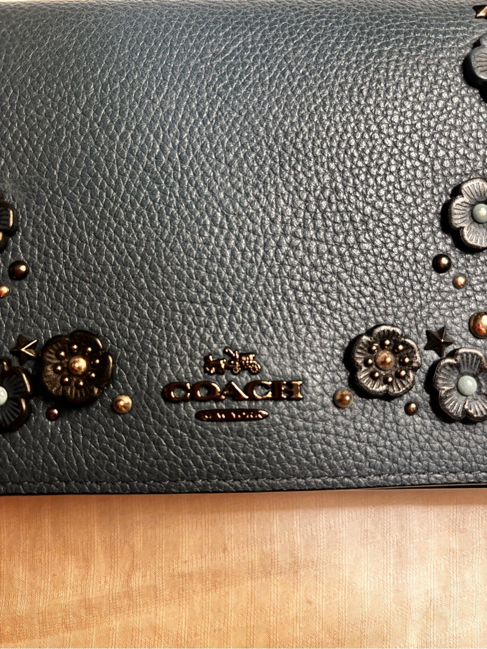 Coach Phone Crossbody – Dark Blue Pebbled Floral & Studs– Like New - Picture 2 of 9